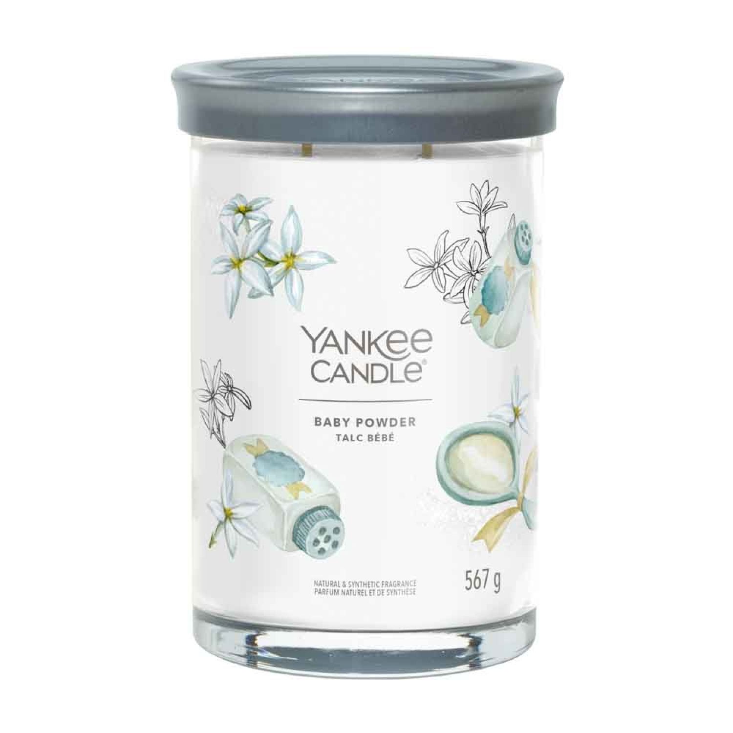 Yankee Candle-kaars met deksel. Opschrift 'Baby Powder'. Witte kaars in glazen pot. 567 g.