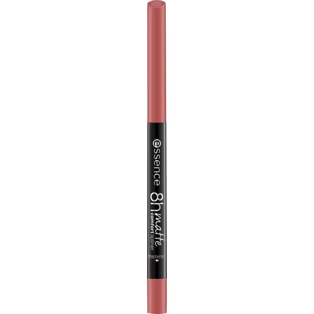 Zwarte lippenpotlood met opschrift essence 8h matte comfort. Roze punt en uiteinde.