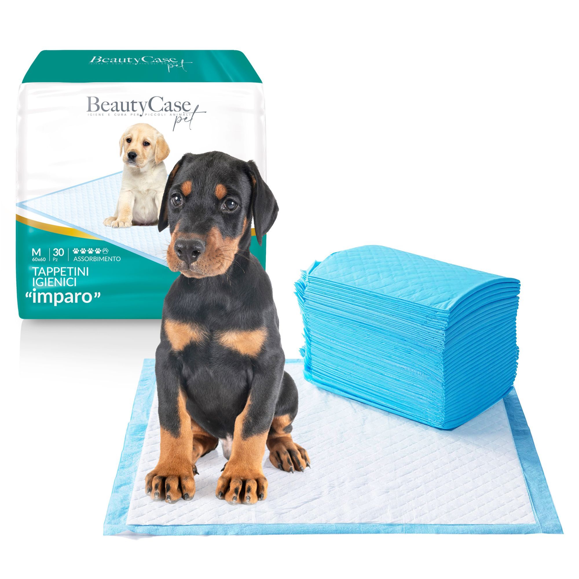 Alèses hygiéniques bleues pour chiens, avec chiot et emballage du produit. Emballage avec l'inscription "BeautyCase pet".