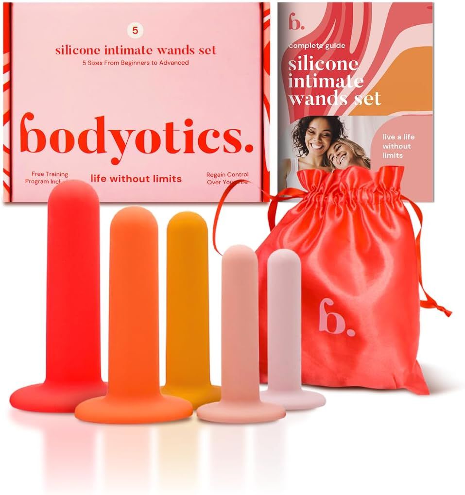 Set van 5 gekleurde bekkenbodemtrainingsdilatatoren. Inclusief opbergzakje en gids. Merk: Bodyotics.