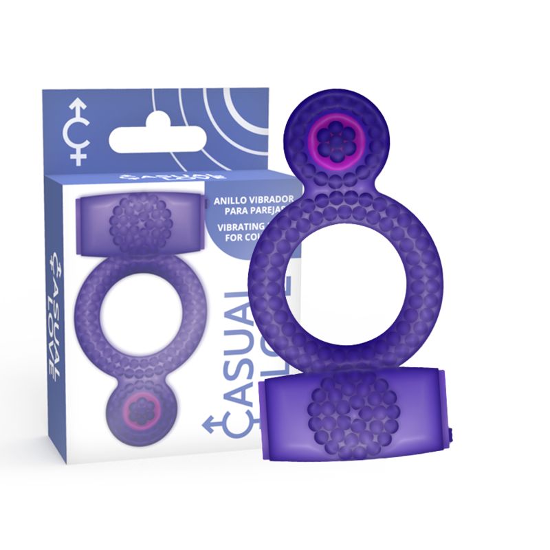 Anneau pénien vibrant violet. Emballage avec le nom du produit "Casual Love". Anneau et emballage visibles.