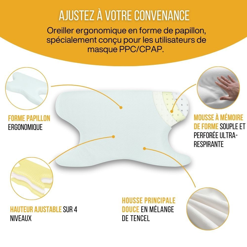 Oreiller ergonomique papillon. Mousse mémoire, respirant, réglable en hauteur, housse douce.