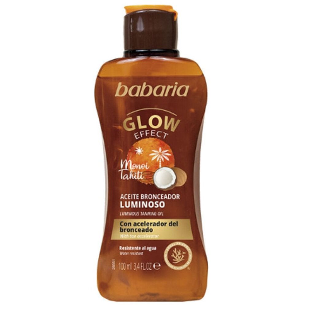 Babaria Tanning Oil Gel met Glow Effect. Opschrift: Monoi Tahiti, Aceite Bronceador Luminoso. Waterbestendig. 100 ml.