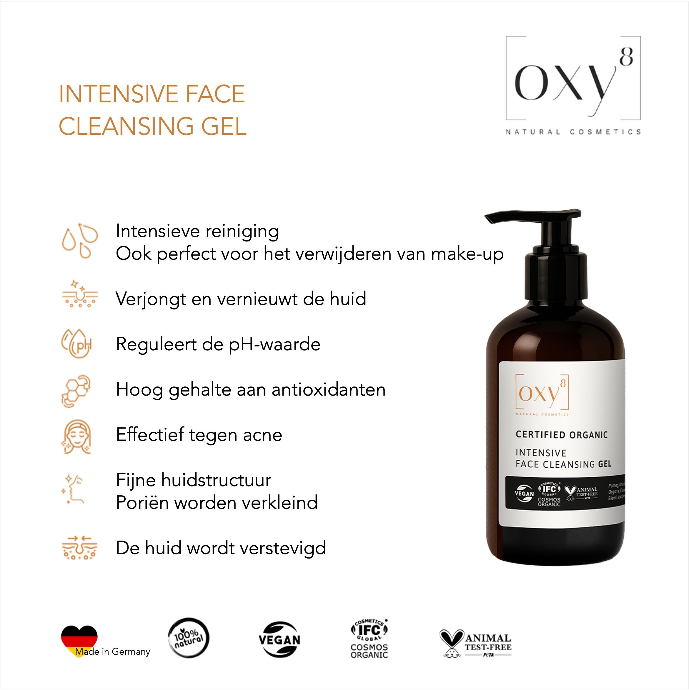 Een fles reinigingsgel met zwarte pomp. Tekst: Intensive Face Cleansing Gel, Vegan, IFC, Cosmos Organic.