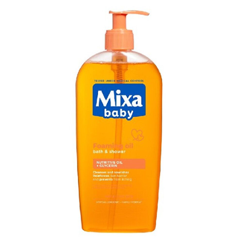 Mixa Baby douche-olie fles met doseerpomp. Blauw etiket met naam. Transparante vloeistof.