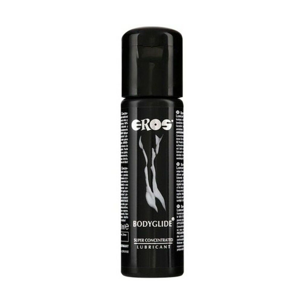 Flacon noir avec bouchon noir. Inscription EROS, BODYGLIDE, SUPER CONCENTRATED LUBRICANT. Graphique blanc.