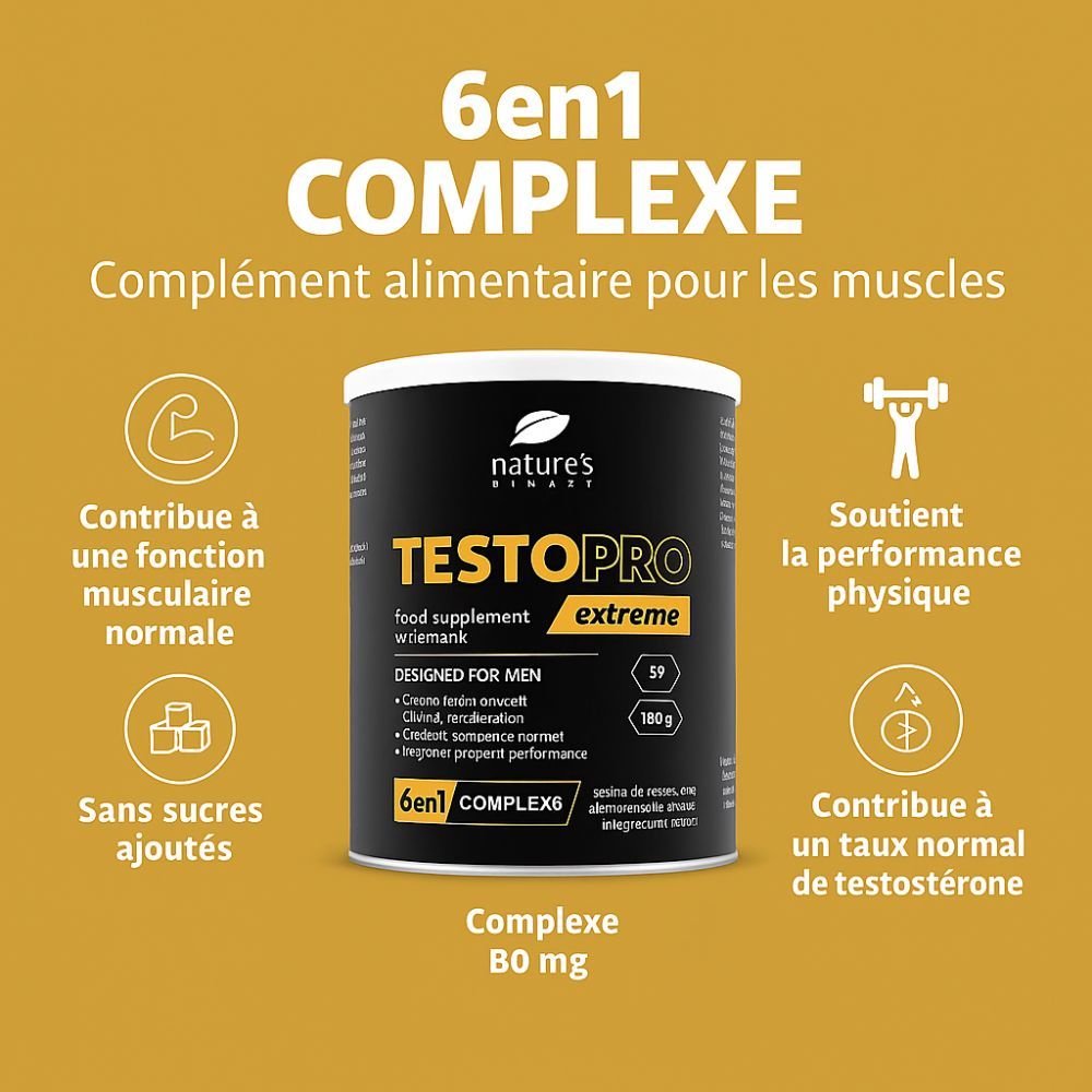 Boîte TestoPRO Extreme avec texte en français. Inscription: 6en1 COMPLEX, 180 g, 59 portions.