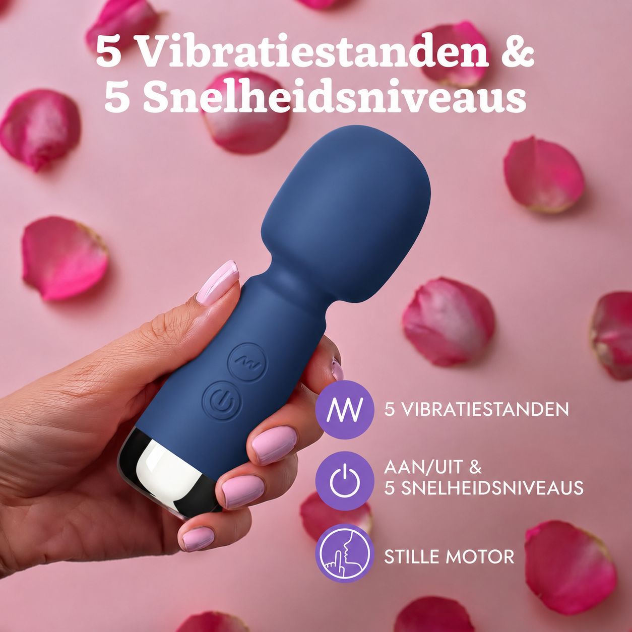 Donkerblauwe massage vibrator met zilveren punt en bedieningselementen.