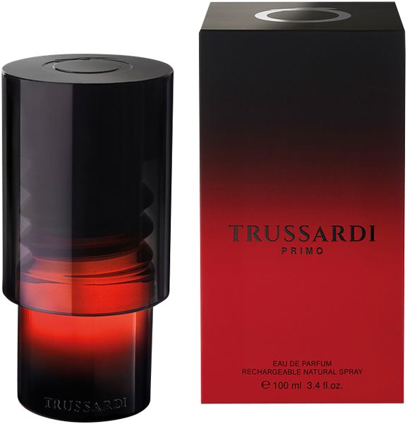 Flacon noir dégradé rouge et emballage noir. "Trussardi Primo" est écrit sur l'emballage.