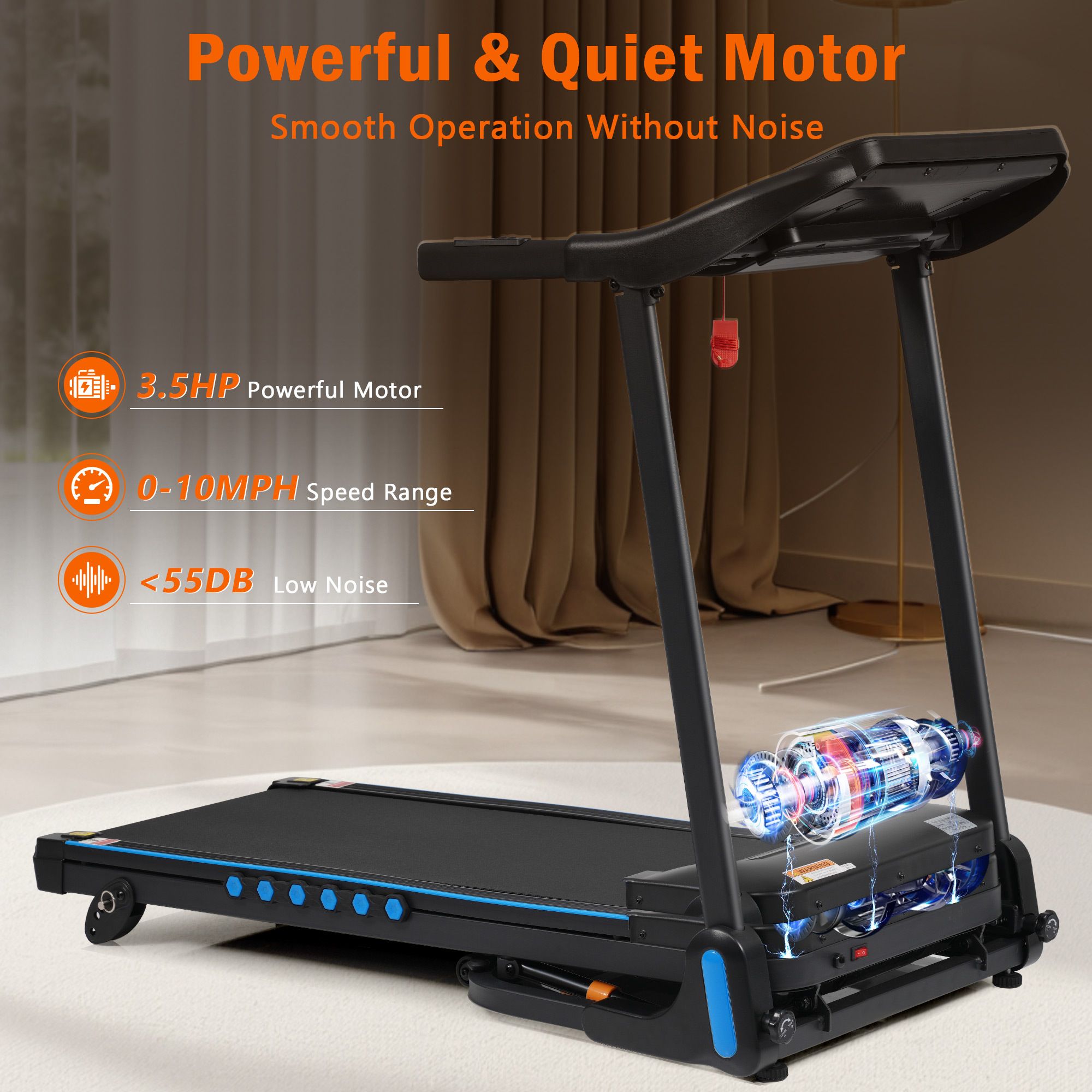 Tapis roulant noir avec moteur transparent. Texte: Powerful & Quiet Motor. Moteur 3.5HP, 0-10MPH, <55DB. Accents bleus. Surface de course noire.
