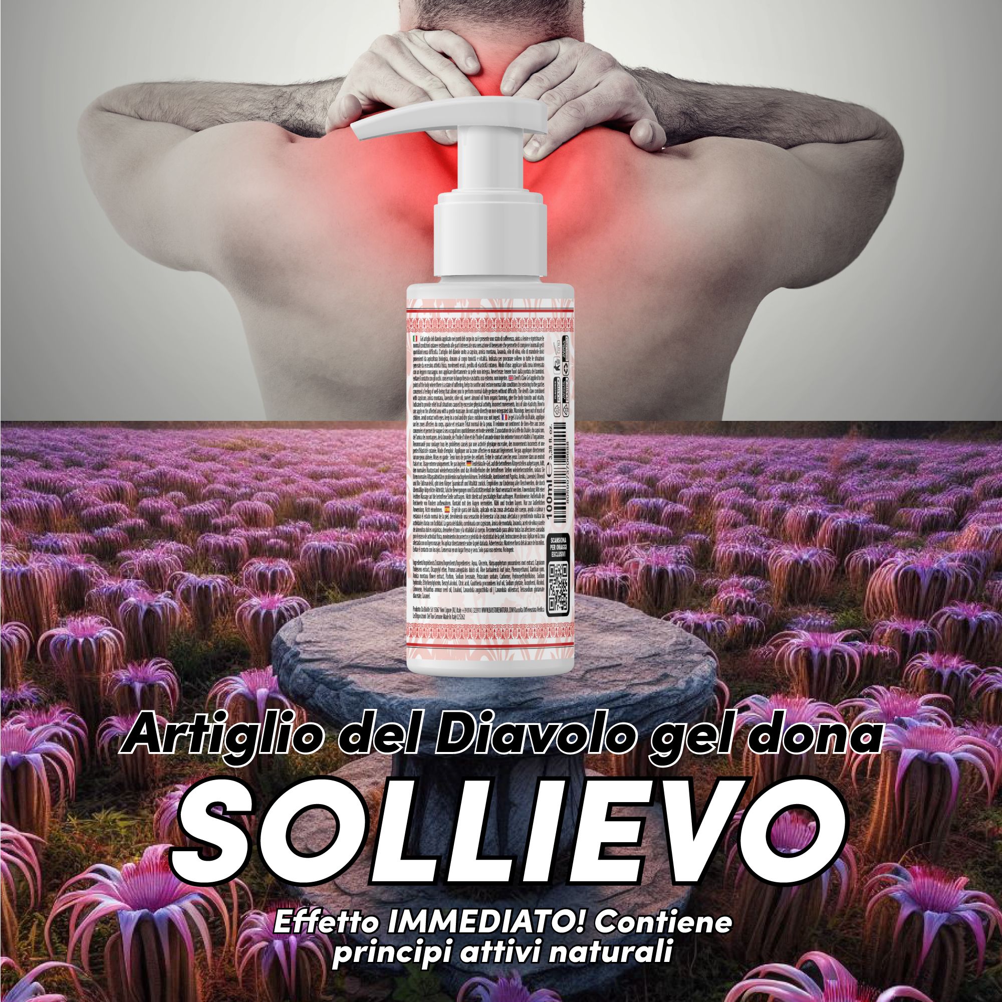 Gelfles met doseerpomp. Tekst: Artiglio del Diavolo gel dona SOLLIEVO. Bevat natuurlijke actieve ingrediënten.