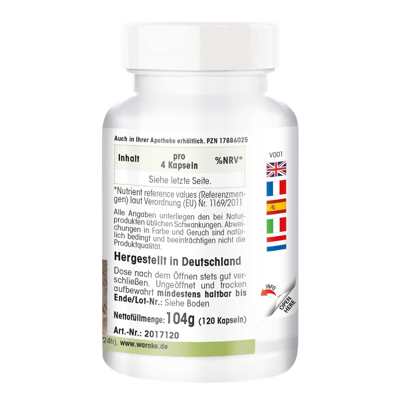 Dos du flacon. Texte: Contenu, fabriqué en Allemagne. Poids net: 104g (120 gélules).