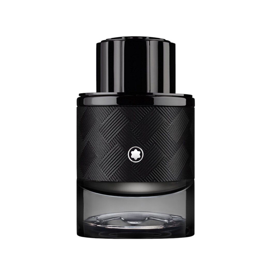 Flacon noir avec surface texturée et logo Montblanc. Bouchon noir.