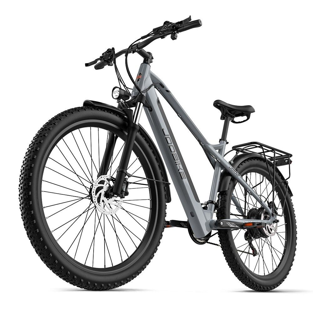 Vélo électrique gris JOOBIKE J002, 29 pouces, pneus tout-terrain, porte-bagages, phare, garde-boue noirs.