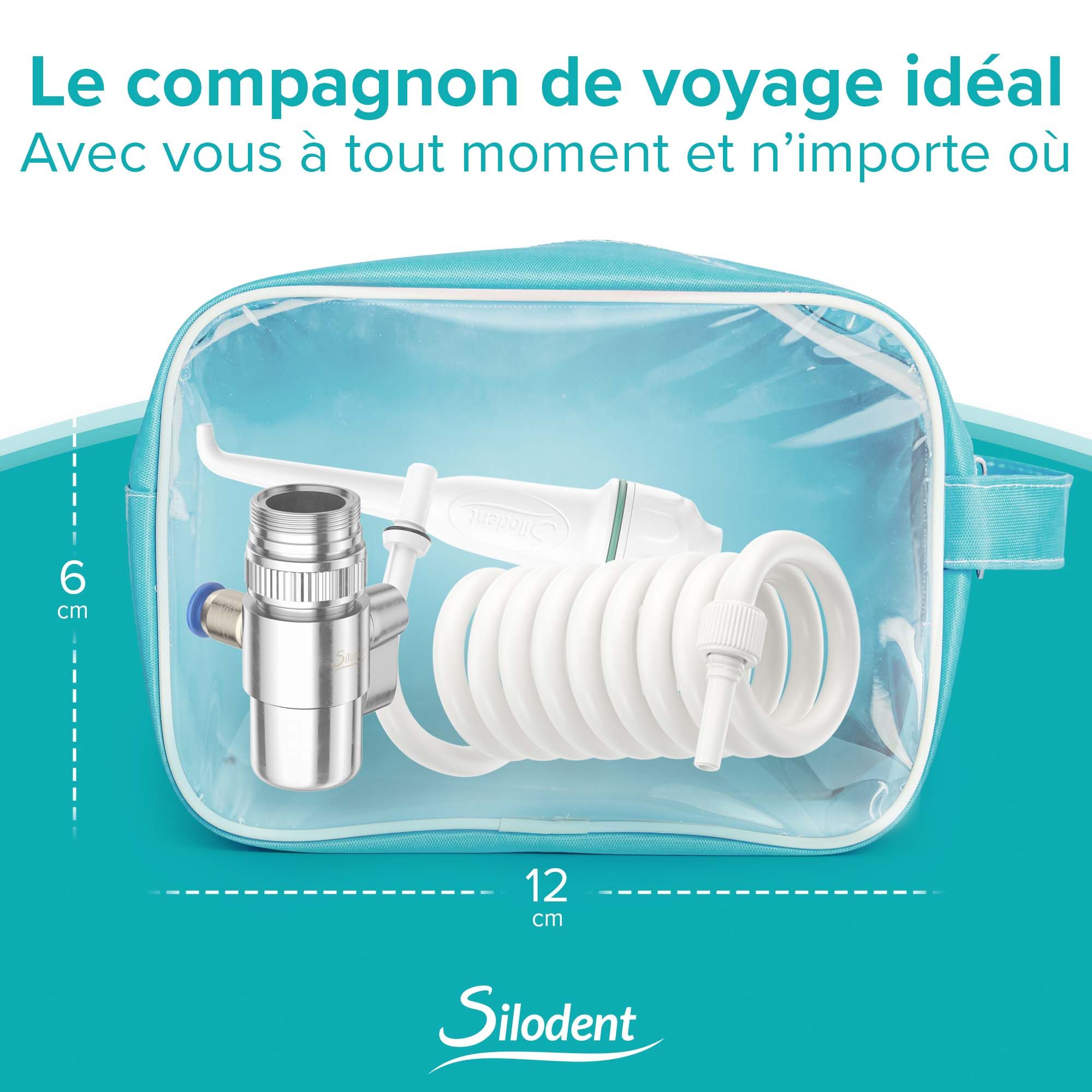 Fille avec appareil dentaire utilise un irrigateur buccal. L'emballage du produit montre l'utilisation.