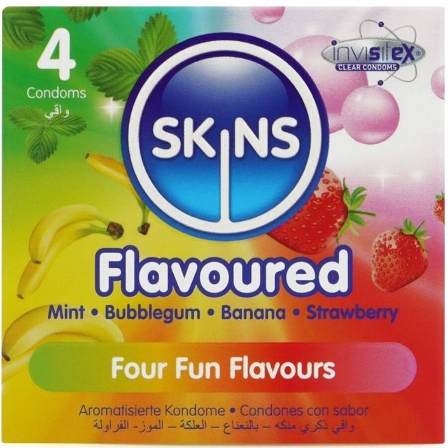 Boîte de 4 préservatifs aromatisés SKINS Flavoured. Saveurs : menthe, bubblegum, banane, fraise. Inscription : Four Fun Flavours.