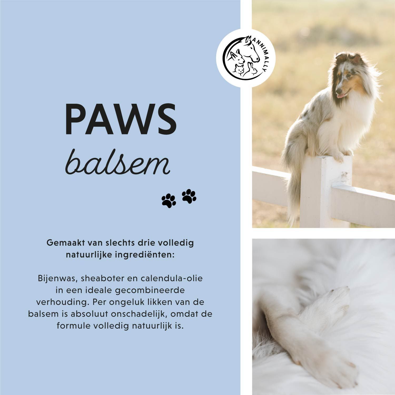 Foto met hond. Tekst over ingrediënten: bijenwas, sheaboter, calendula-olie. Logo Annimally.
