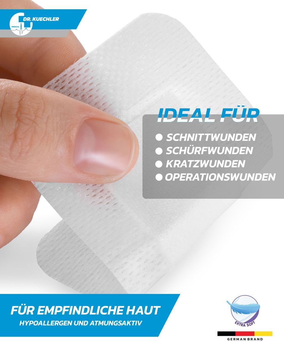 Pansement blanc tenu en main. Idéal pour coupures, écorchures, égratignures et plaies chirurgicales. Peau sensible.