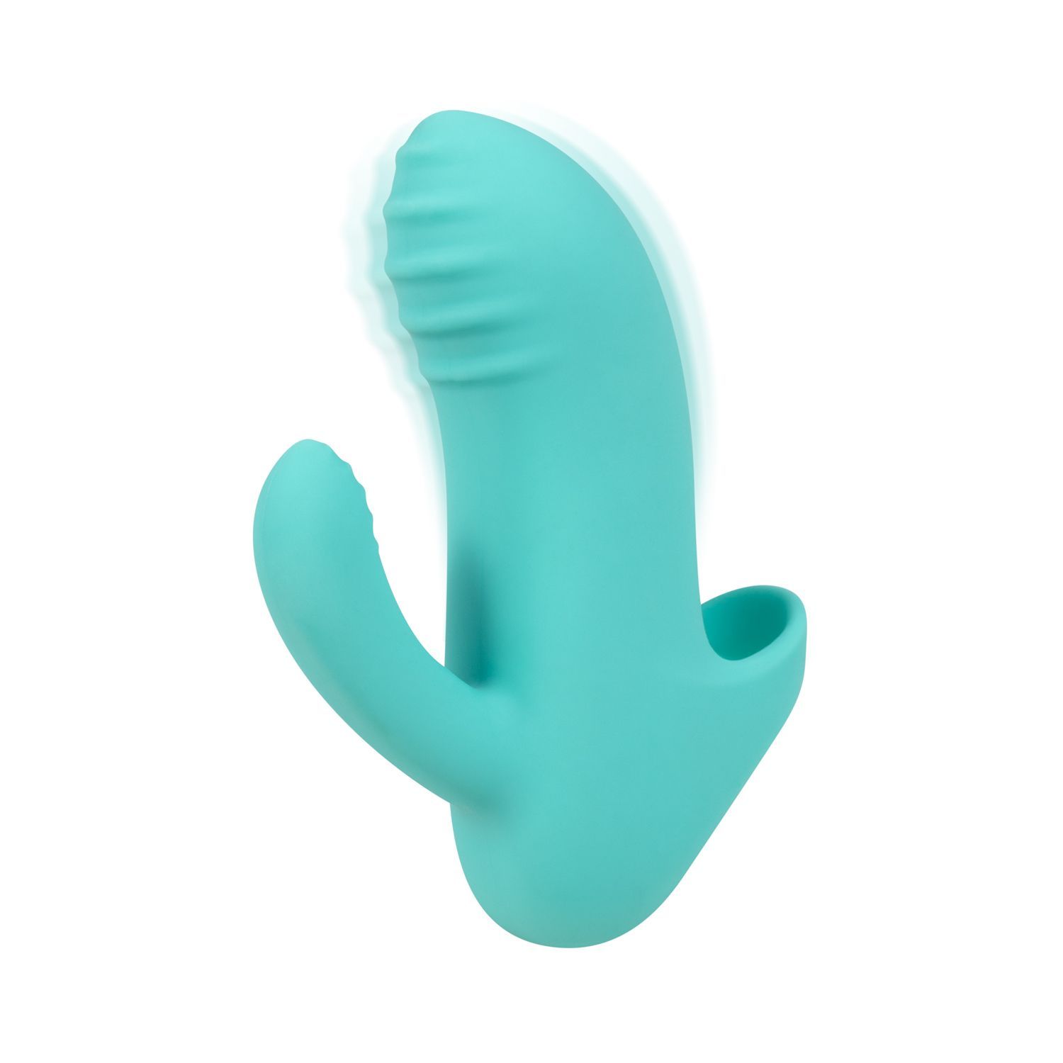Turquoise vibrator met gebogen vorm en geribbeld oppervlak. Met een gebogen arm.