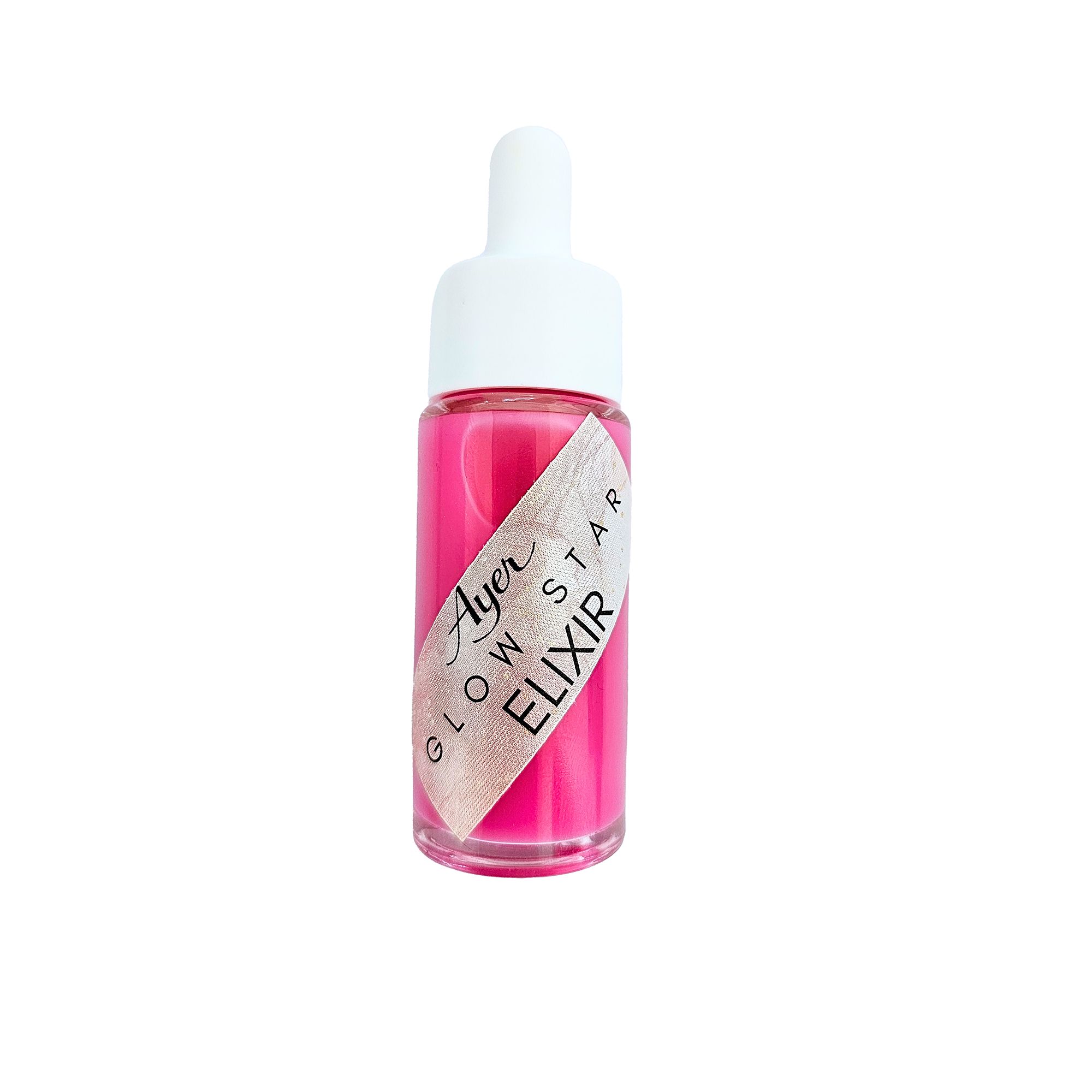 Flacon en verre contenant un liquide rose avec compte-gouttes blanc. Étiquette avec texte: Glow Star Elixir.