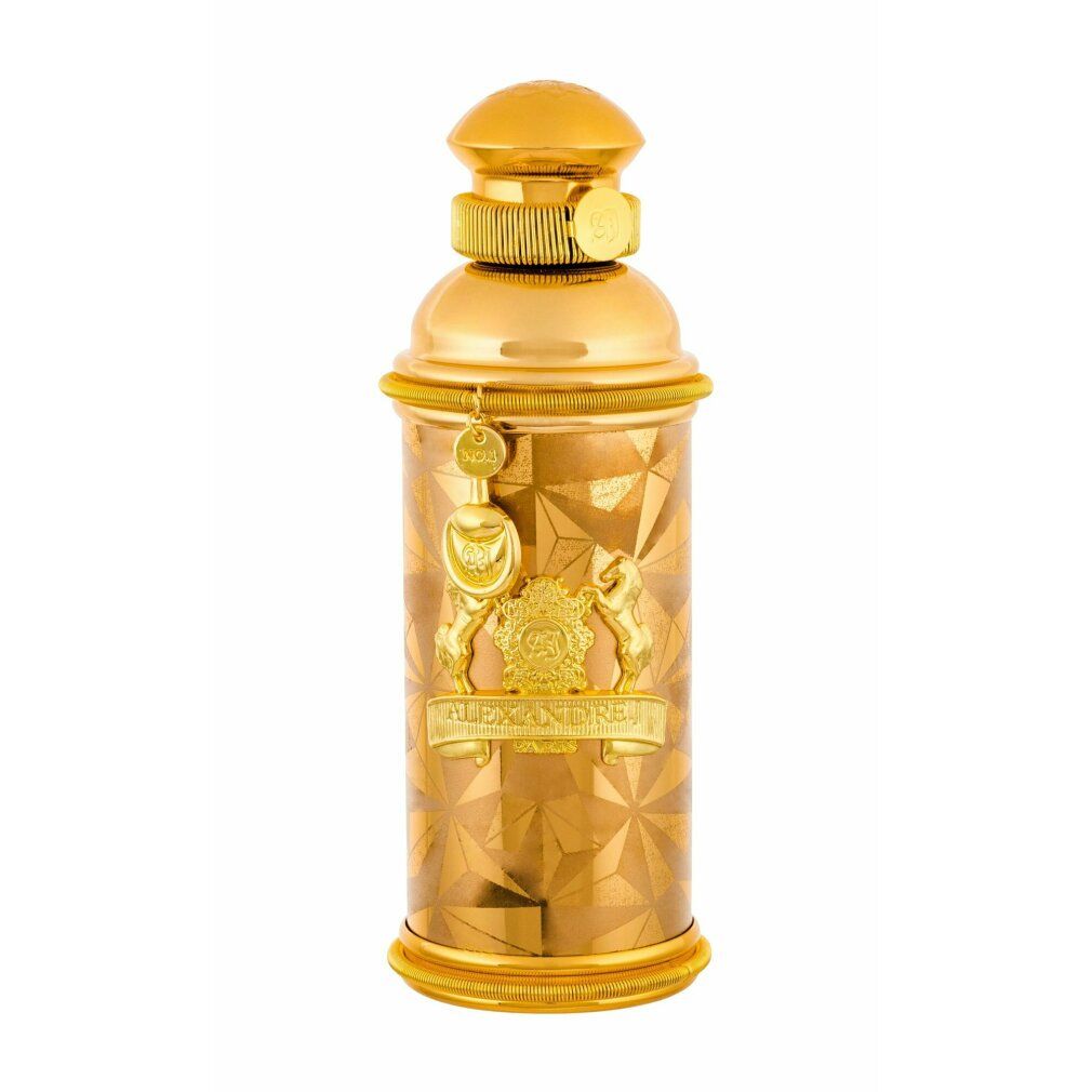 Bouteille dorée à motif géométrique et détail de blason.