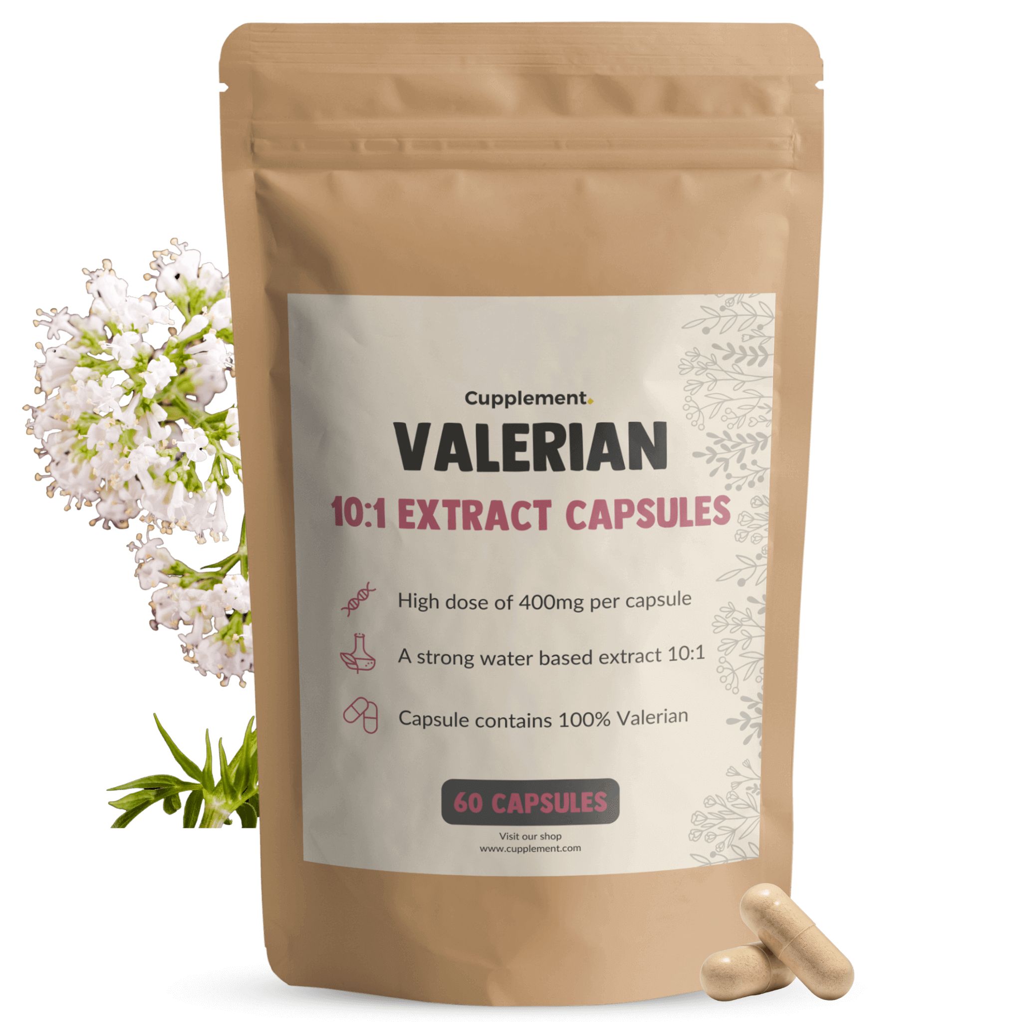 Zakje met opdruk. Bevat valeriaan 10:1 extract capsules. 60 capsules. Met bloemen.