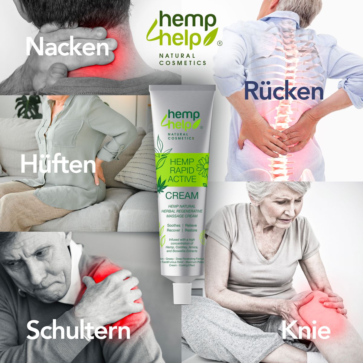Tube de crème Hemp+Help Rapid Active entouré de représentations de douleurs au cou, dos, hanches, épaules et genoux.