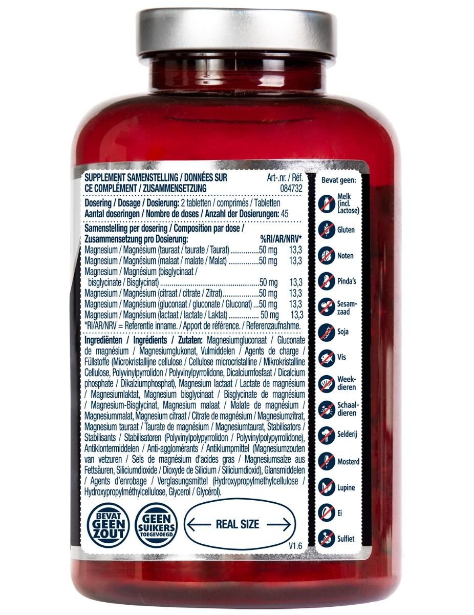 Dos de bouteille rouge avec comprimés blancs. Étiquette avec ingrédients et informations nutritionnelles. Texte en néerlandais et français.