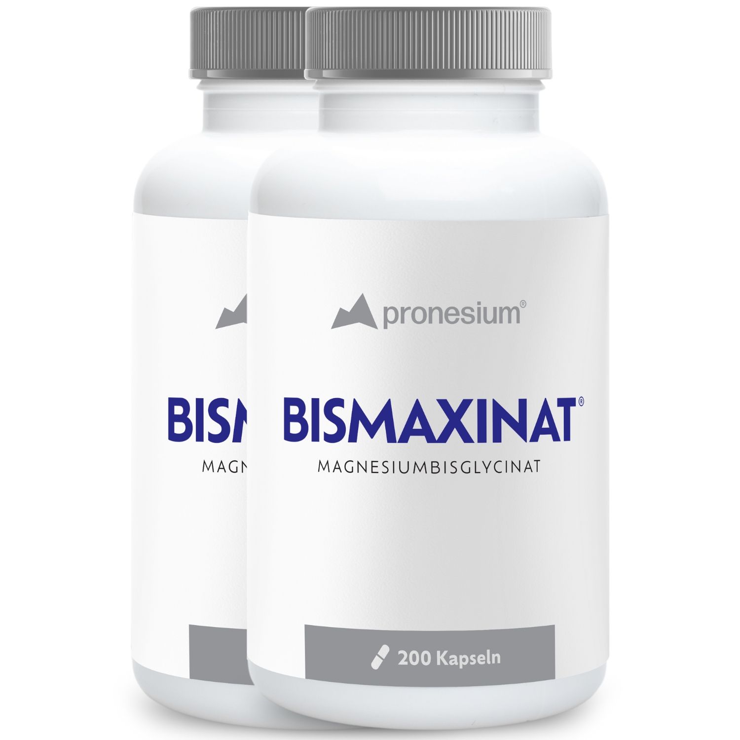 Twee flessen magnesiumbisglycinaat capsules. Witte flessen met grijze dop. Opschrift: BISMAXINAT, 200 capsules.