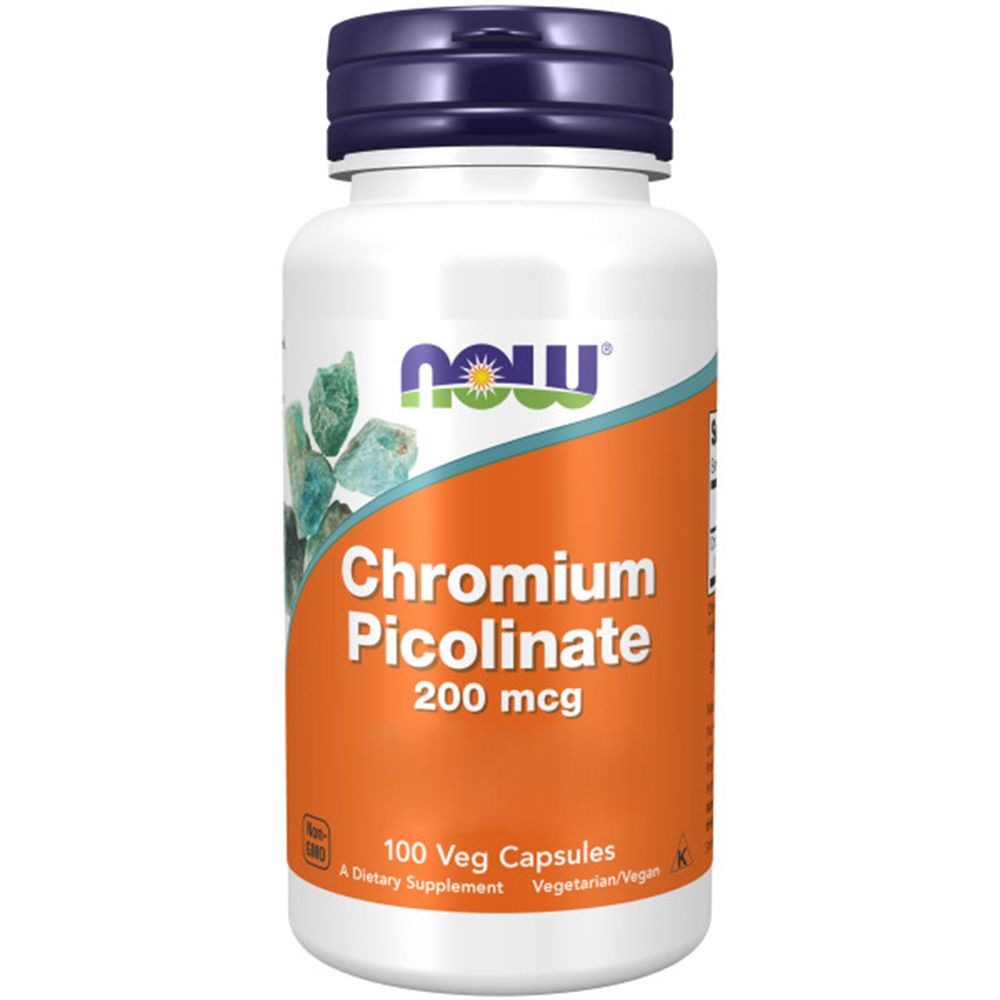 Witte fles met blauwe dop. Opschrift: "Chromium Picolinate 200 mcg". Bevat 100 vegicapsules. Veganistisch.