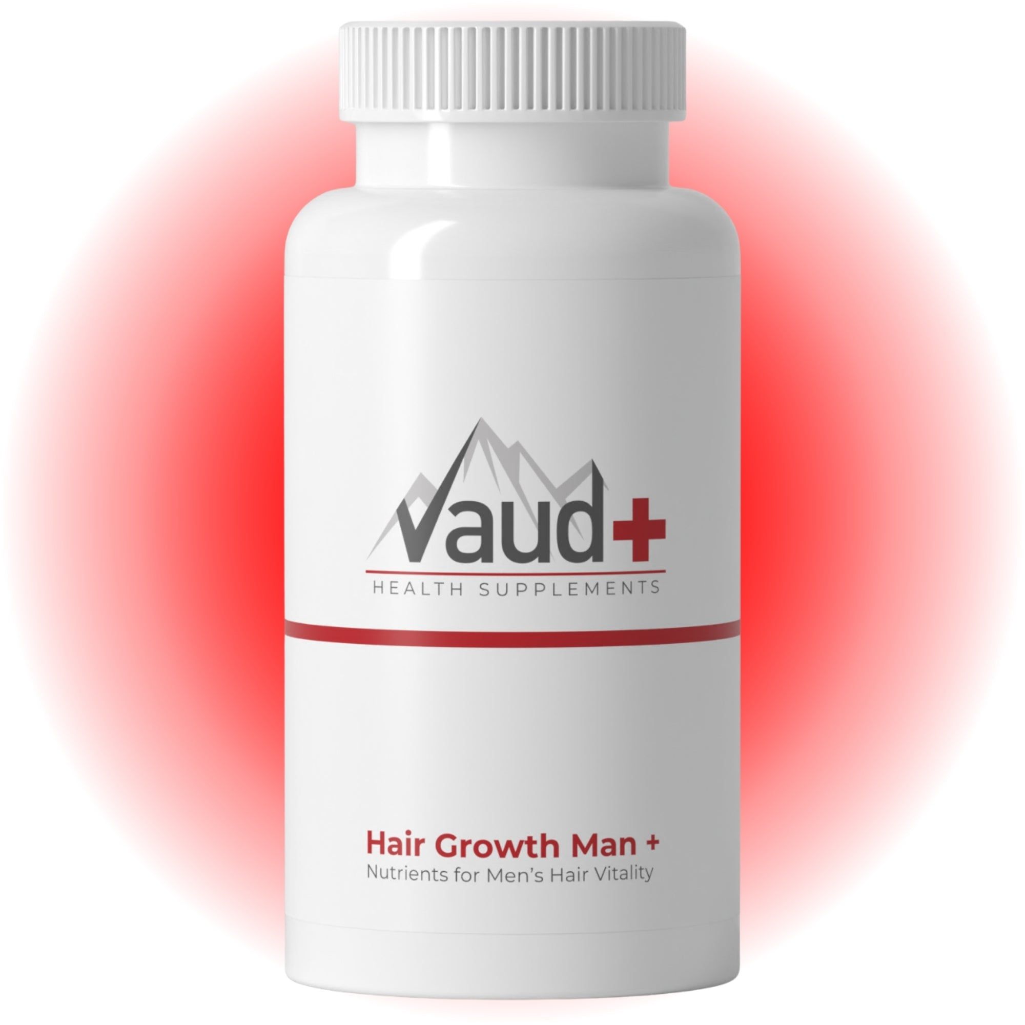 Witte fles met rood etiket. Opschrift: Vaud+ Health Supplements. Tekst: Hair Growth Man + Nutrients for Men's Hair Vitality.