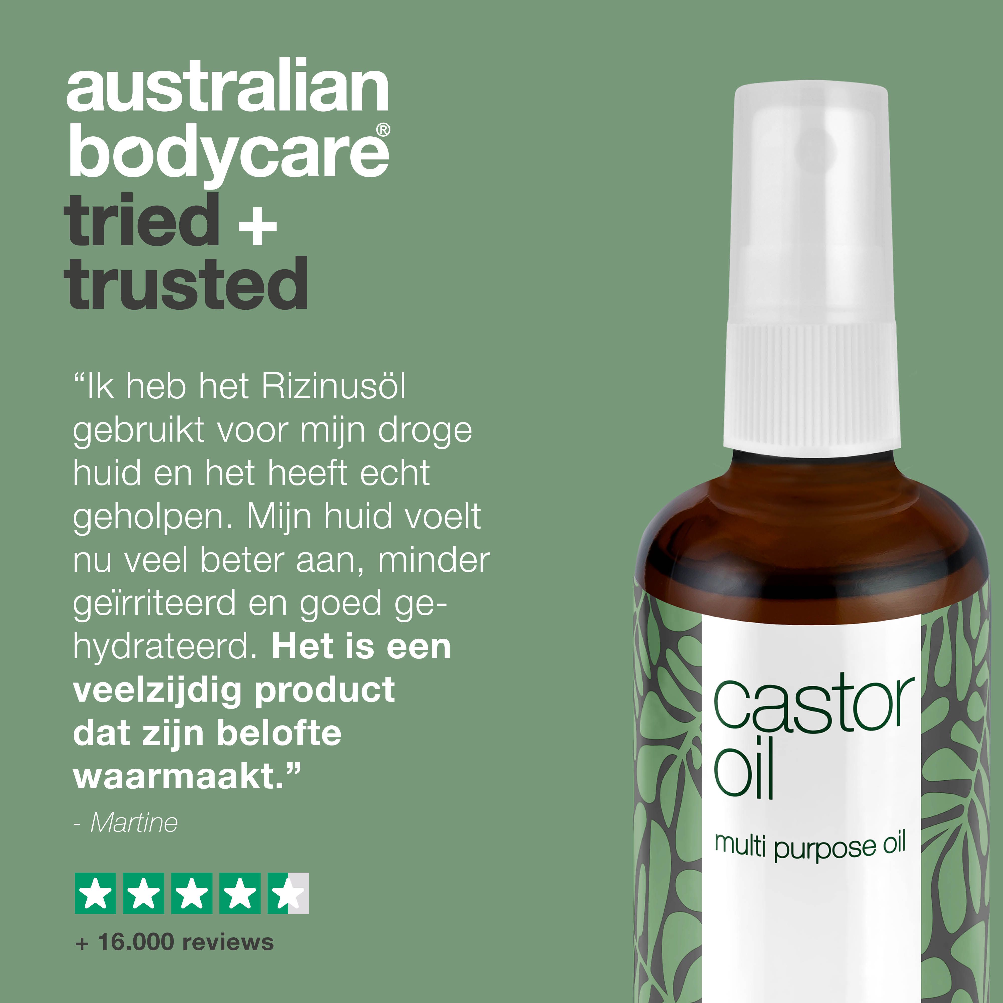 Fles naast tekst: Ervaringsverhaal. 5 sterren beoordeling. +16.000 reviews.