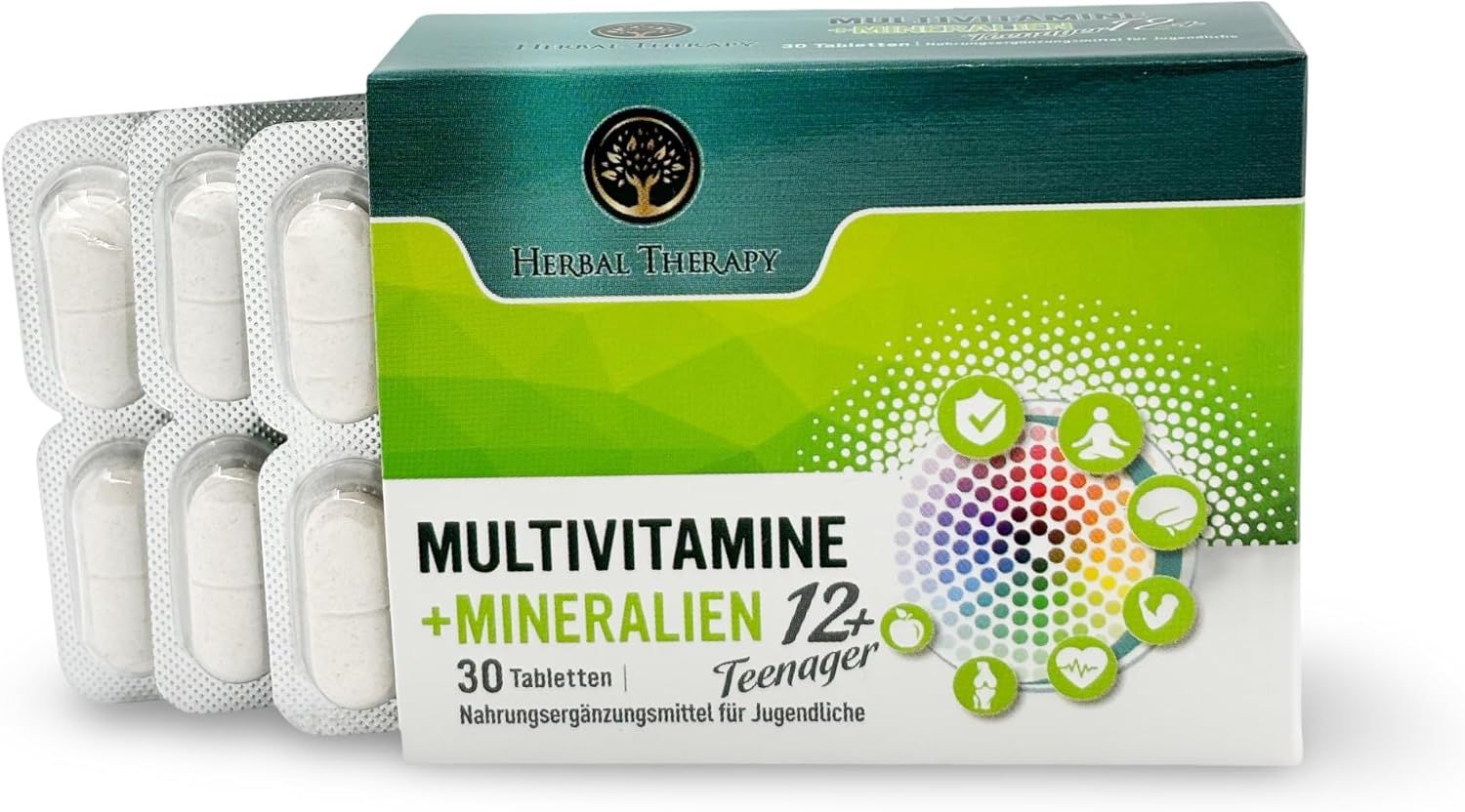 Boîte avec comprimés et plaquettes. Inscription: Multivitamine + Minéraux, 30 comprimés, Herbal Therapy.