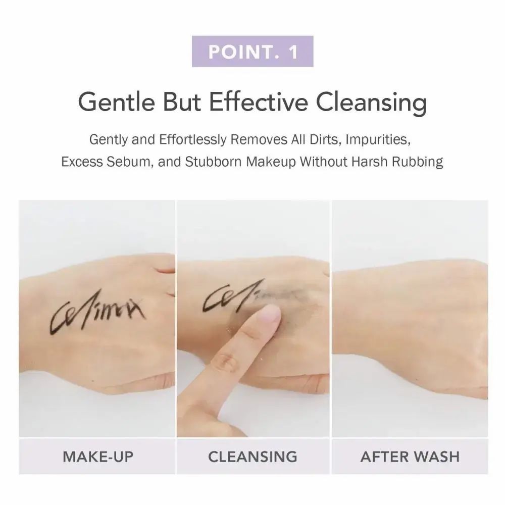 Drie handen tonen make-up verwijdering. Tekst: Make-up, reiniging, na het wassen. Merk Celimax.