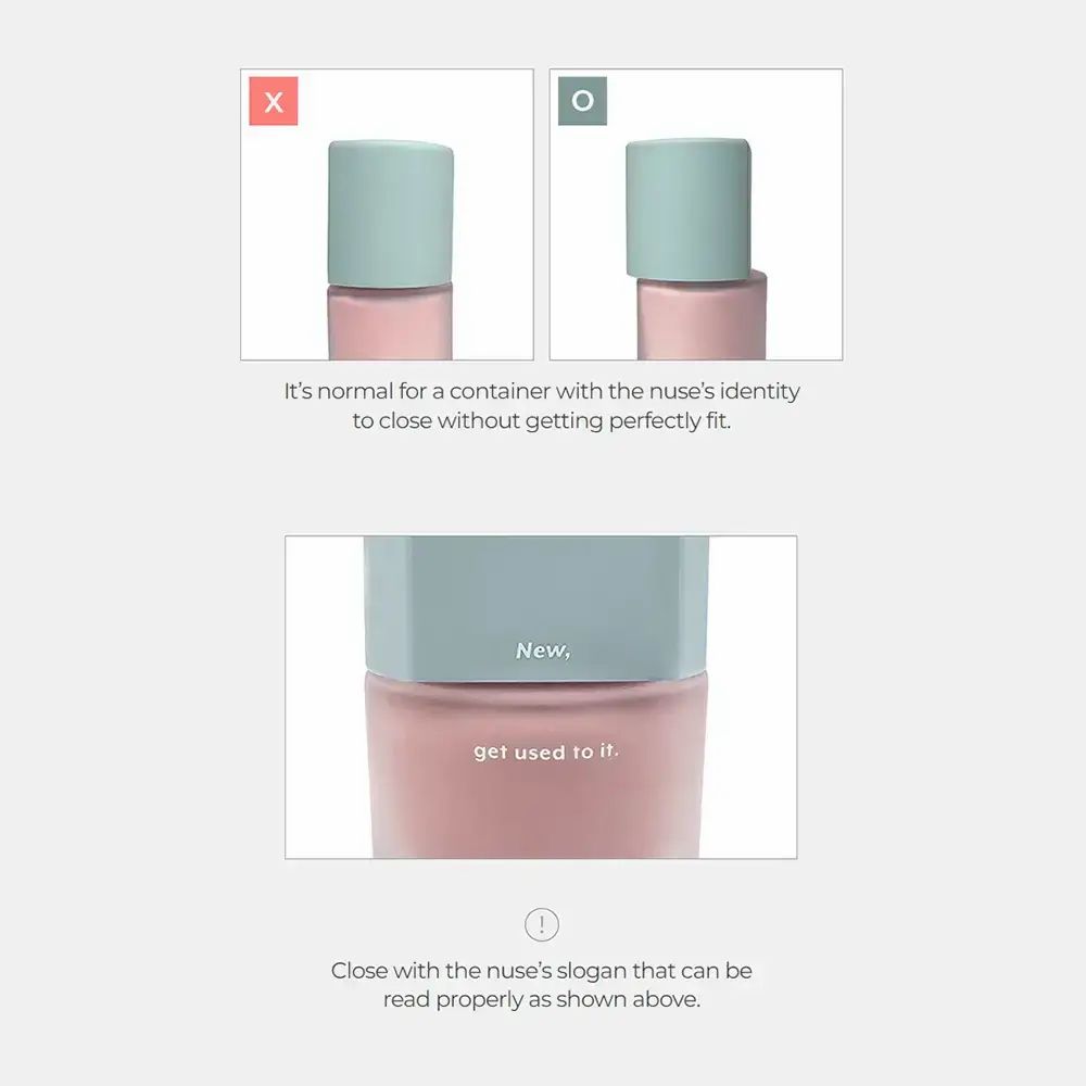 Twee afbeeldingen van flesjes mousse-rouge. Tekst: "It's normal for a container..." en "New. get used to it."