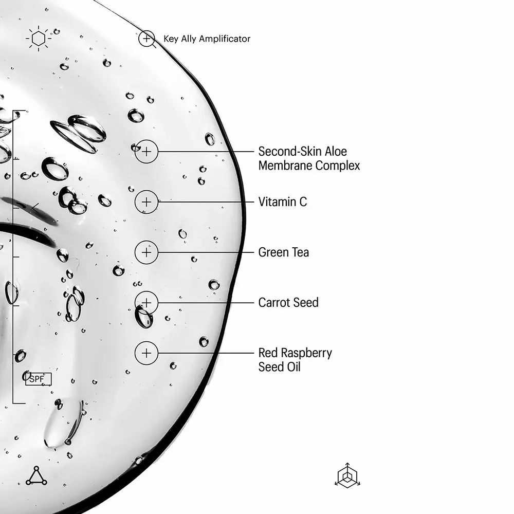 Liquide transparent avec indications d'ingrédients : Key Ally, Vitamine C, Thé vert, Graines de carotte, Huile de graines de framboise.