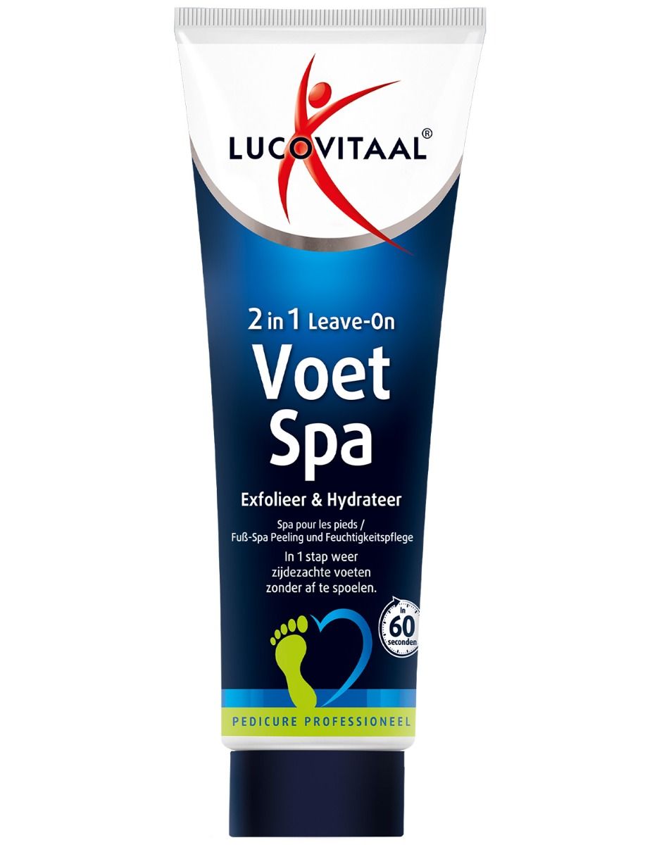 Tube de produit avec logo et texte: '2 in 1 Leave-On Voet Spa'. Contient peeling et hydratation pour les pieds.