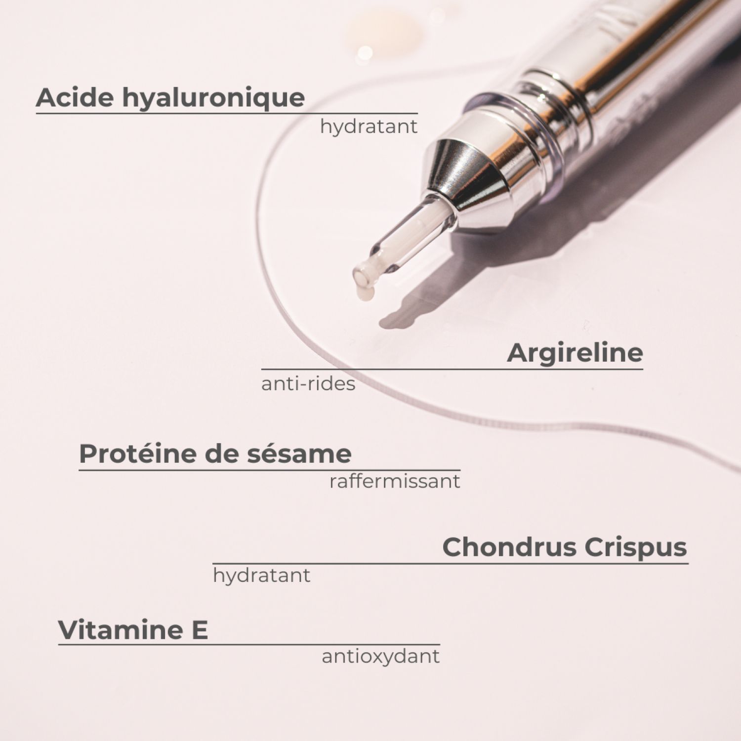 BEAUTICAL Instant Lifting Serum. Ingrédients. Texte à côté des ingrédients.