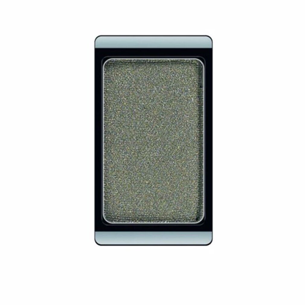 Fard à paupières rectangulaire. Teinte vert-gris avec surface scintillante. Cadre noir, bord argenté.