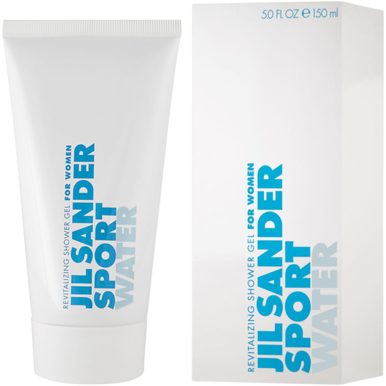 Douchegel tube en verpakking. Tube: wit, tekst Jil Sander Sport Water. Verpakking: wit, tekst.