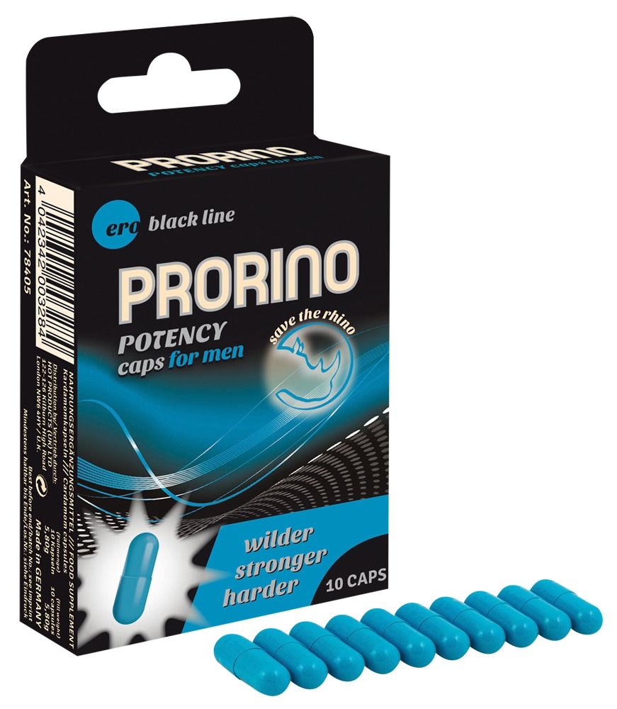 Emballage et 10 gélules bleues de PRORINO POTENCY CAPS FOR MEN.