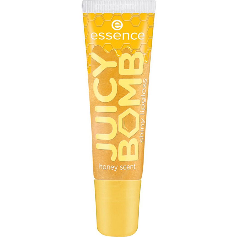 Gloss à lèvres Juicy Bomb Shiny Essence. Tube jaune avec motif miel. Inscription: Juicy Bomb, shiny lipgloss, honey scent. Applicateur visible.