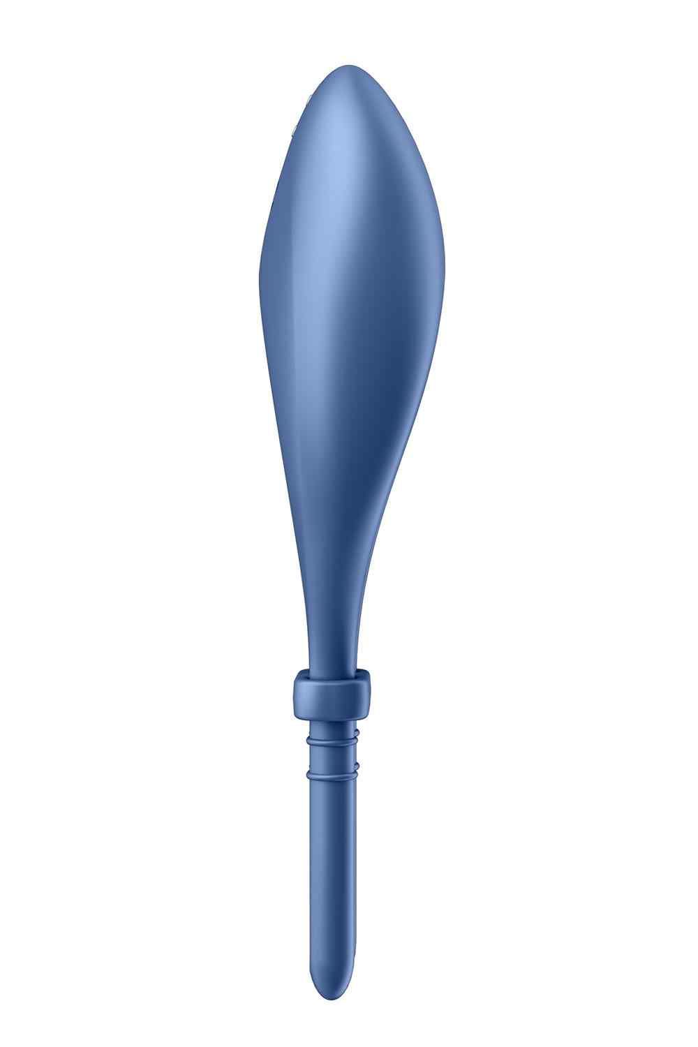 Vibrateur annulaire bleu avec deux stimulateurs et un bouton d'alimentation.