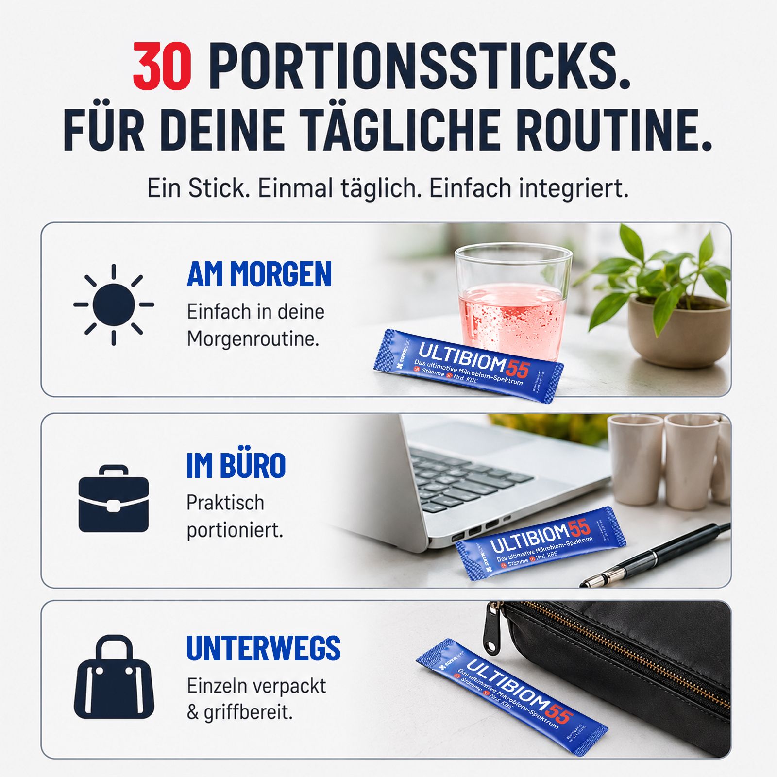 30 portiesticks ULTIBIOM 55 voor ochtendroutine, kantoor en onderweg. Individueel verpakt.