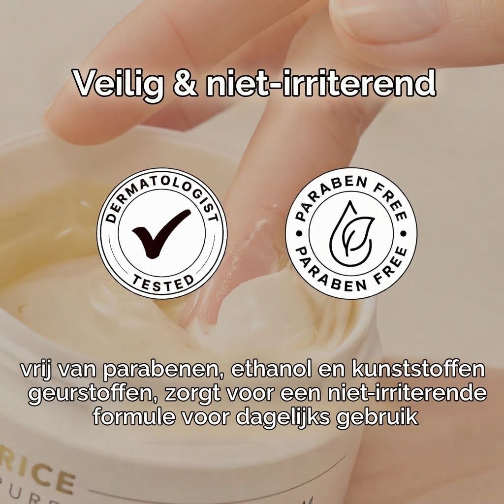 Dermatologisch getest en parabeenvrij met tekst over ingrediënten.