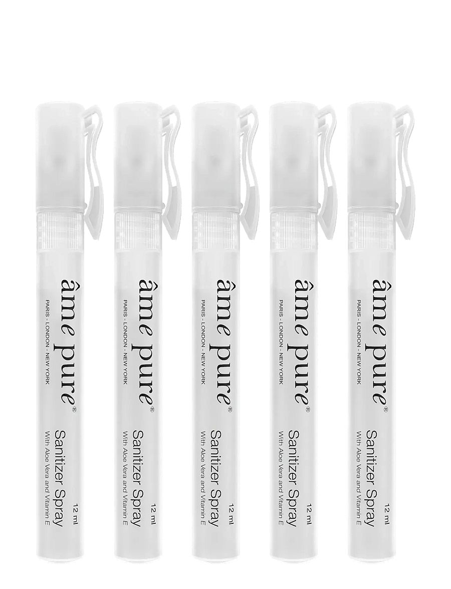 Vijf losse flesjes âme pure Sanitizer Spray, elk 12 ml, met Aloë Vera en Vitamine E.