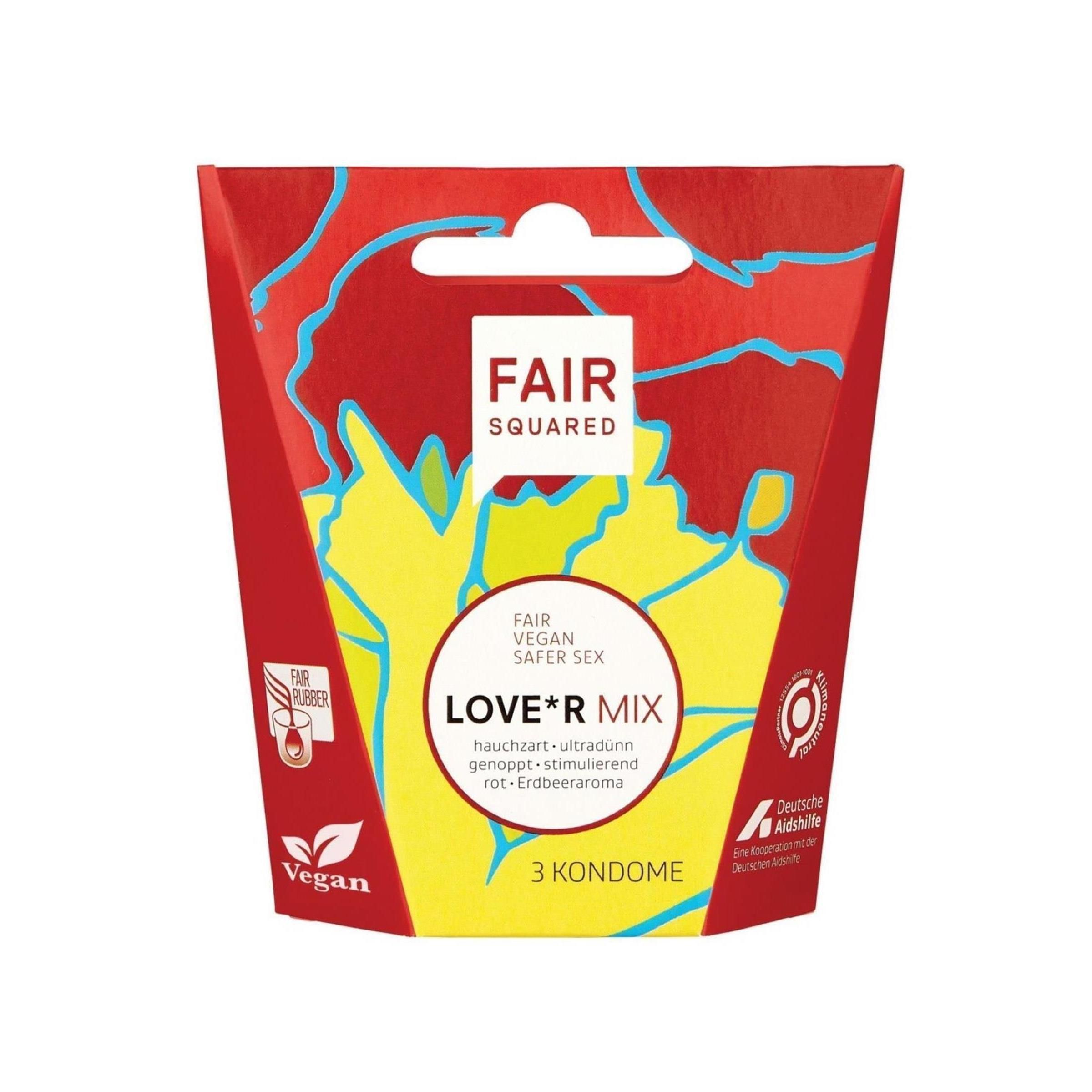 Emballage Fair Squared Love*r Mix. Rouge et jaune. Texte : Fair Squared, Love*r Mix, 3 préservatifs. Label Vegan.