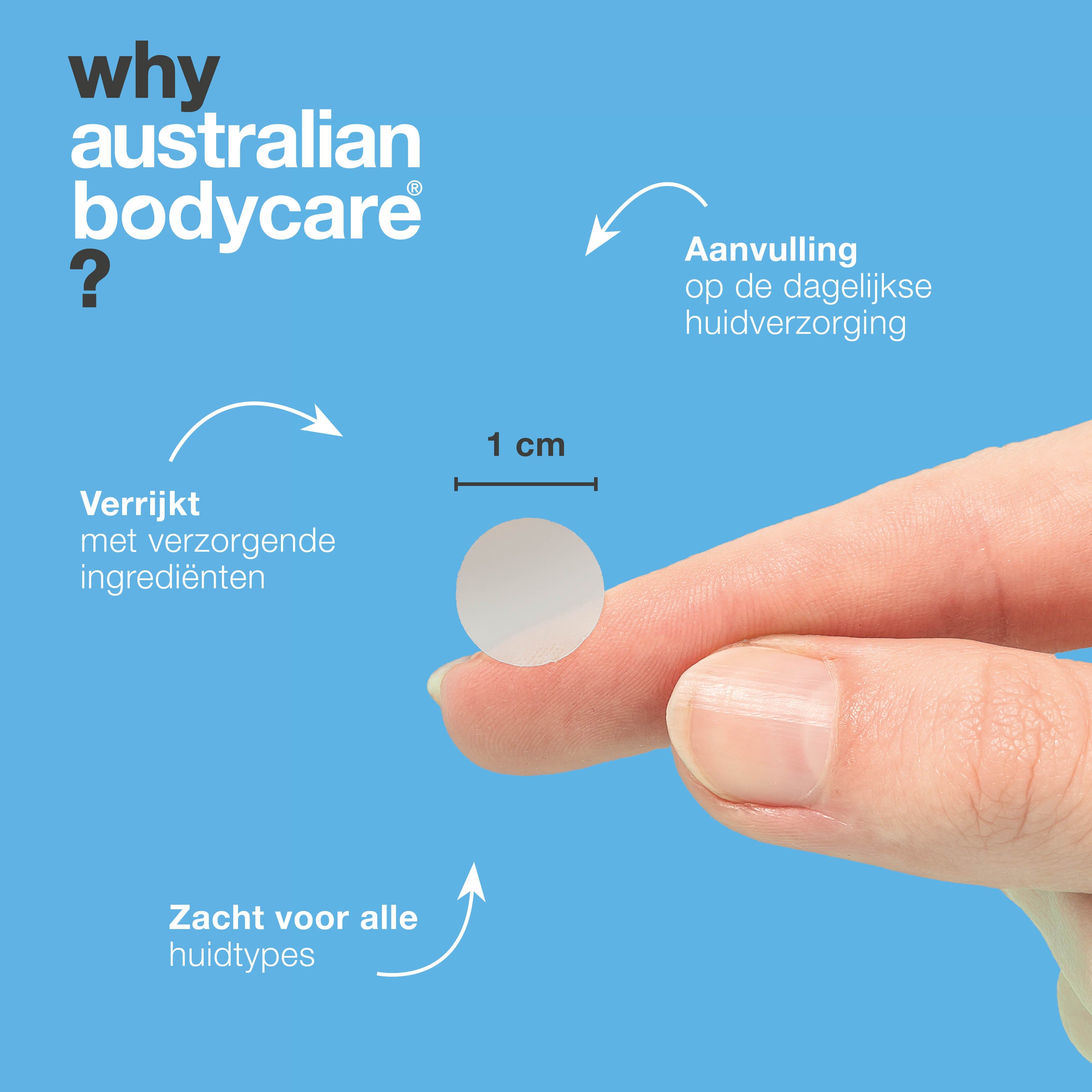 Pleister op een vinger. Tekst: 1 cm. Pijlen wijzen naar: verrijkt met ingrediënten, zacht voor alle huidtypes.