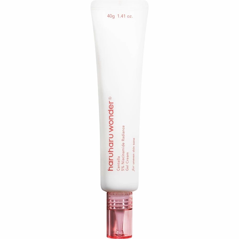 Tube blanche avec bouchon rose. Texte : haruharu wonder, Centella 5% Niacinamide Radiance Gel Cream. 40g 1.41 oz.