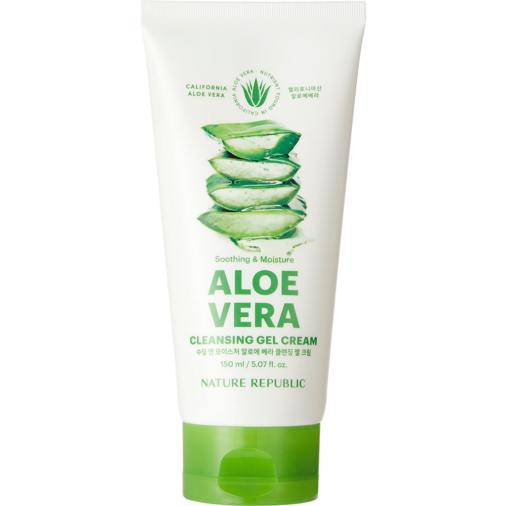 Tube blanc avec bouchon vert. Illustration d'aloe vera et texte. Inscription : Aloe Vera Cleansing Gel Cream. 150 ml.